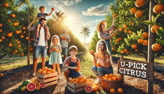 A-cheerful-family-with-children-picking-citrus-fruits-at-a-Florida-U-pick-farm.